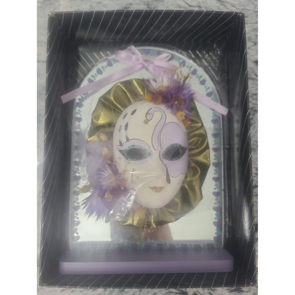Vintage Ceramic Flower Swan Mask Mirror Pink Wood Stand Wall Dresser Decor